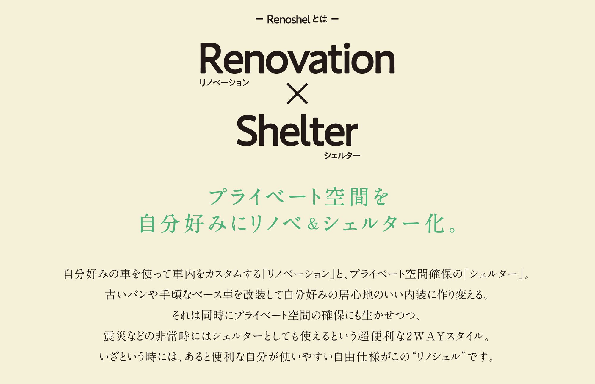 − Renoshelとは − Renovation リノベーション × Shelter シェルター。プライベート空間を自分好みにリノベ＆シェルター化。自分好みの車を使って車内をカスタムする「リノベーション」と、プライベート空間確保の「シェルター」。震災などの非常時にはシェルターとしても使える2WAYスタイル。